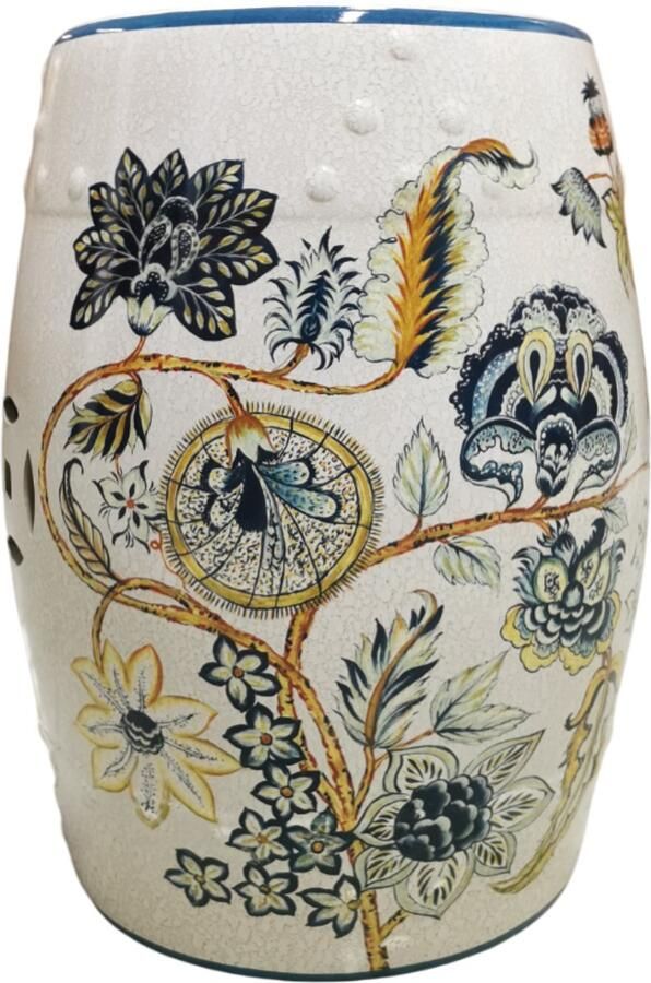 Fine Asianliving Keramische Kruk Vintage Botanic Handgemaakt Acacia D30xH45cm Keramiek Bijzettafel Porselein Stoel Tuinkruk