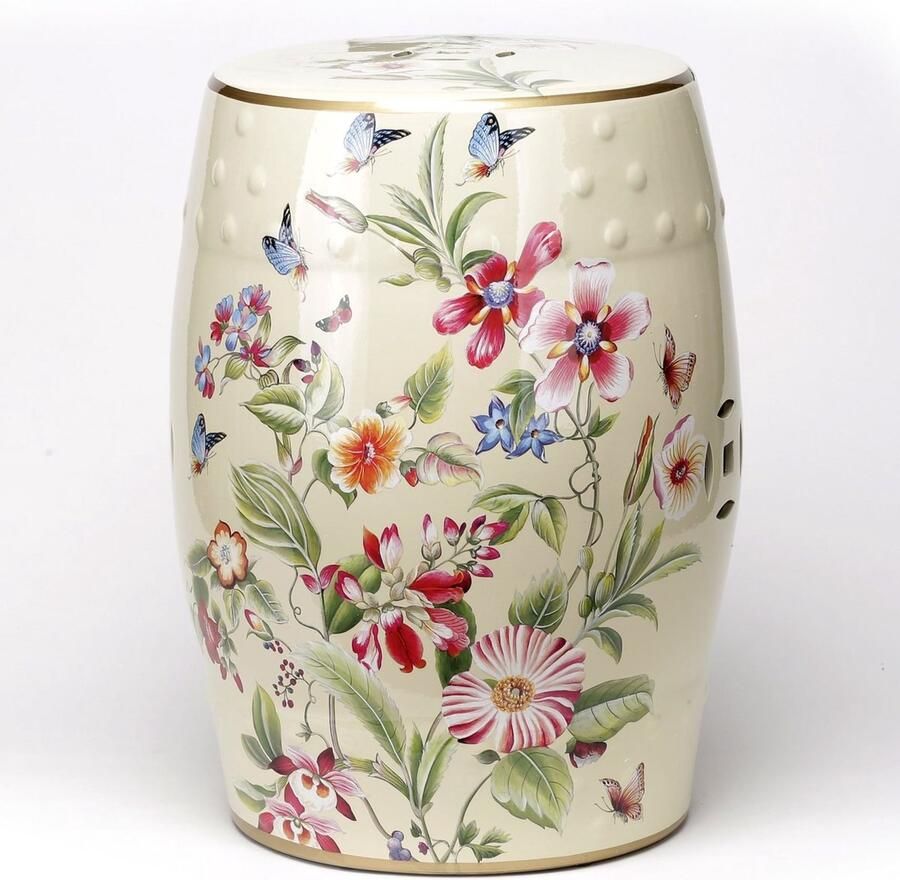 Fine Asianliving Keramische Kruk Beige Bloemen Handgemaakt Eirin D30xH45cm Keramiek Bijzettafel Porselein Stoel Tuinkruk