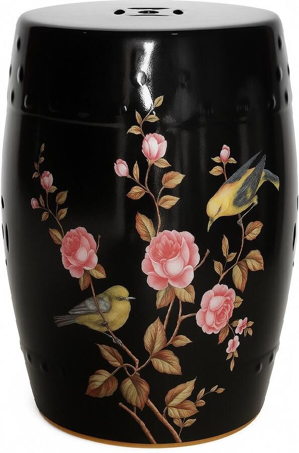 Fine Asianliving Keramische Kruk Zwart Pioenen Handgemaakt Yara D30xH45cm Keramiek Bijzettafel Porselein Stoel Tuinkruk