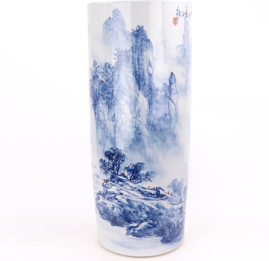 Fine Asianliving Chinese Paraplubak Keramiek Vaas Blauw Wit Landschap Handbeschilderd D24xH60cm