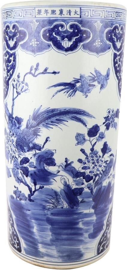 Fine Asianliving Chinese paraplubak keramiek Vaas Blauw Wit Vogels Handbeschilderd D25xH53cm