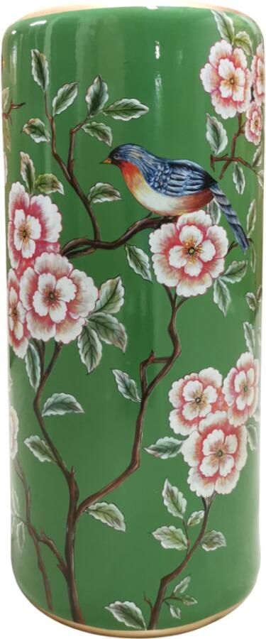 Fine Asianliving Keramische Parapluhouder Vaas Groen Vogels Handgemaakt Berwyn D20xH45cm