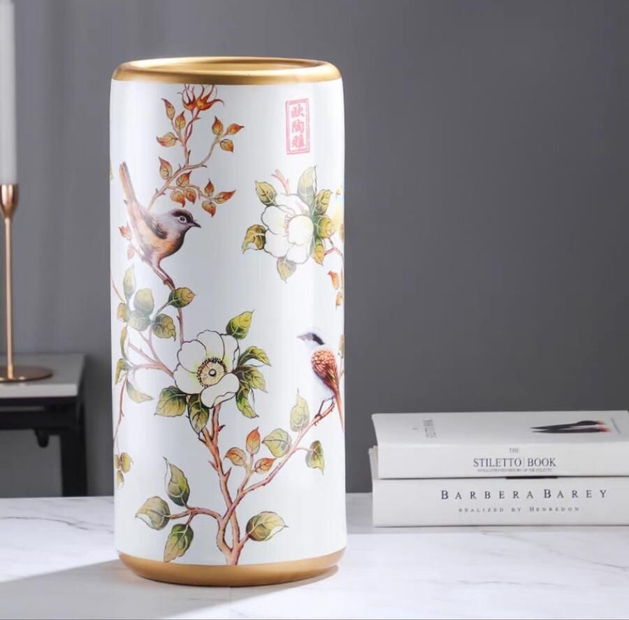 Fine Asianliving Keramische Parapluhouder Vaas Wit Vogels Handgemaakt Liora D20xH45cm