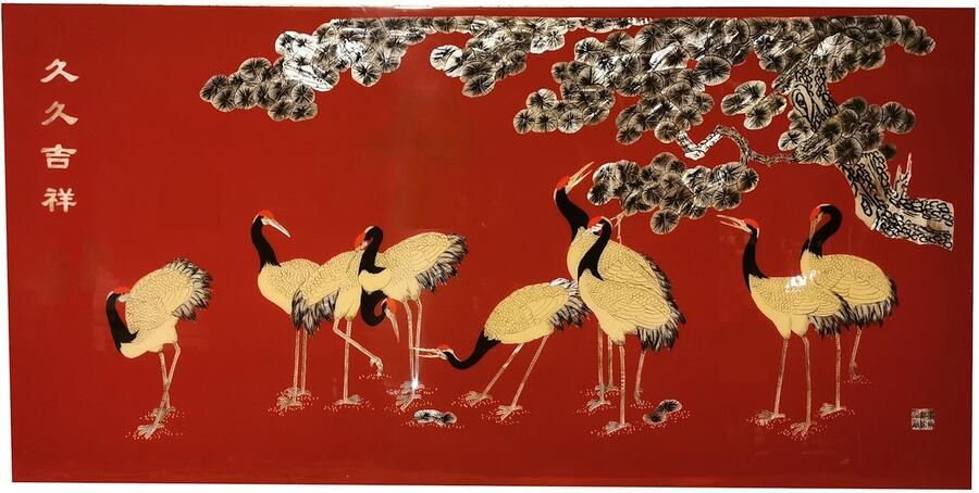 Fine Asianliving Lacquer Wall Art inlaid with Mother of Pearl Cranes Eternal Good Fortune W180xH90cm