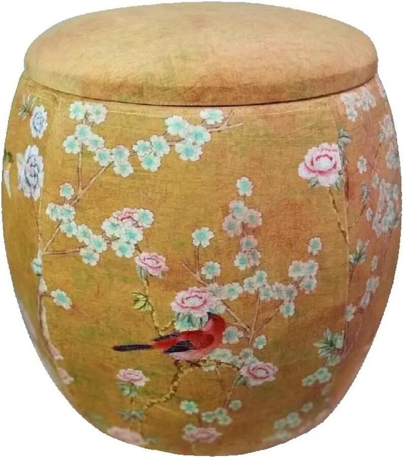 Fine Asianliving Velours Poef met Opbergruimte Rond Bruin Vogels Handgemaakt D46xH46cm Velvet Opbergpoef Fluweel Voetenbankje Groot met Deksel - Foto 2