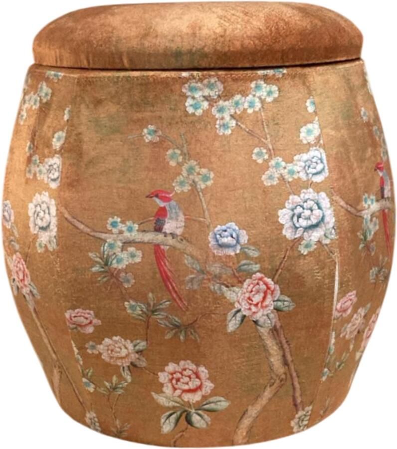 Fine Asianliving Velours Poef met Opbergruimte Rond Bruin Vogels Handgemaakt D46xH46cm Velvet Opbergpoef Fluweel Voetenbankje Groot met Deksel