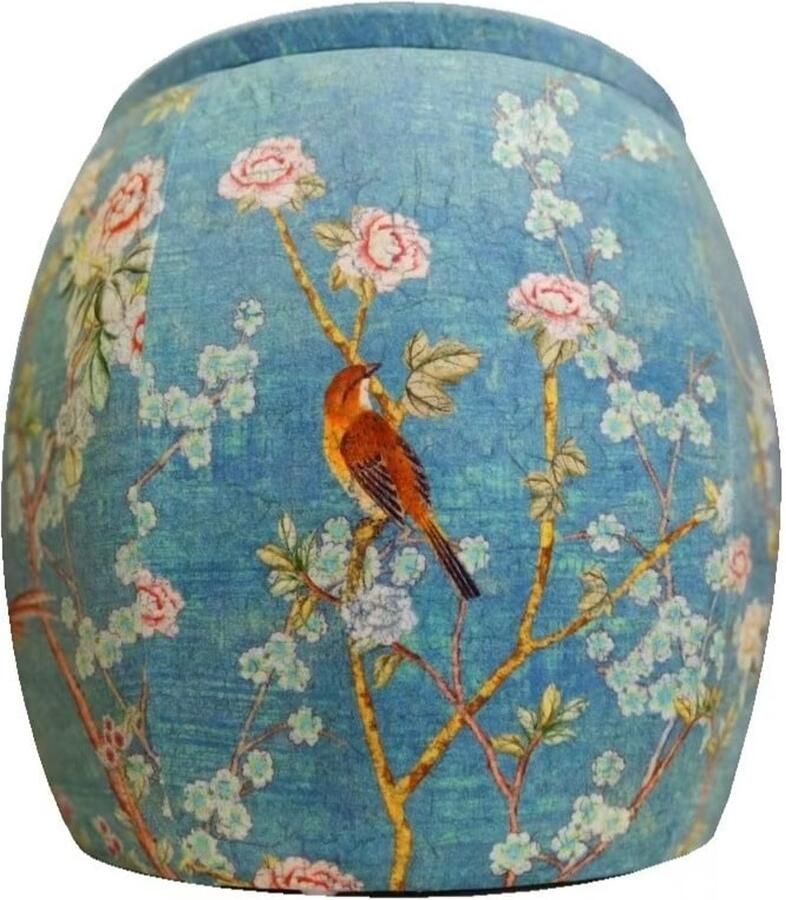 Fine Asianliving Velours Poef met Opbergruimte Rond Blauw Vogels Handgemaakt D46xH46cm Velvet Opbergpoef Fluweel Voetenbankje Groot met Deksel - Foto 2