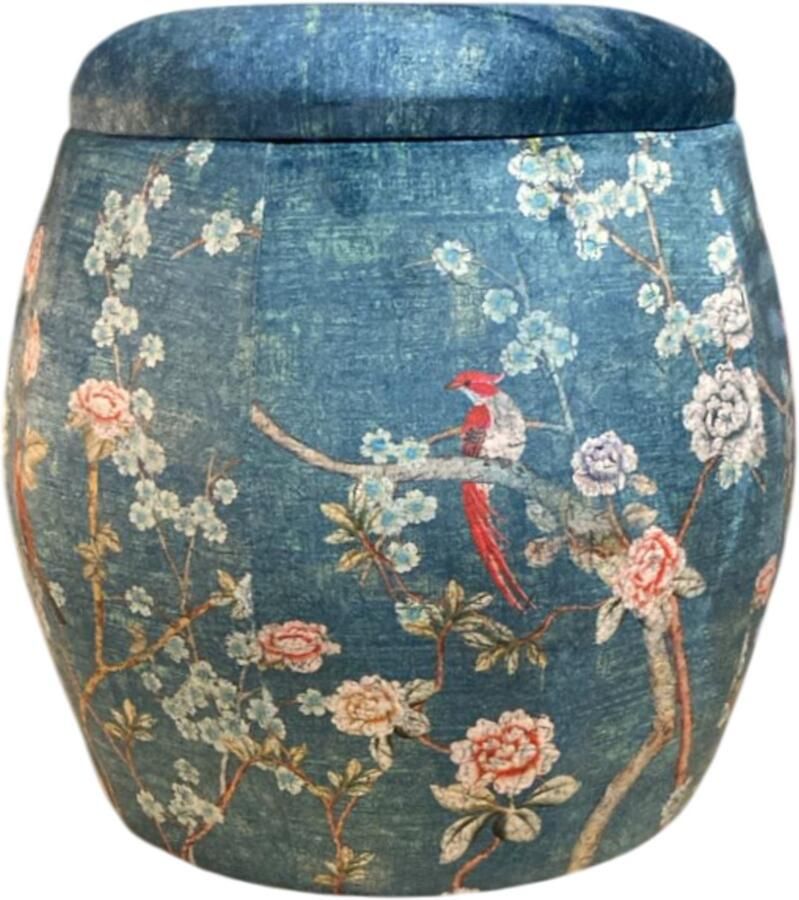 Fine Asianliving Velours Poef met Opbergruimte Rond Blauw Vogels Handgemaakt D46xH46cm Velvet Opbergpoef Fluweel Voetenbankje Groot met Deksel