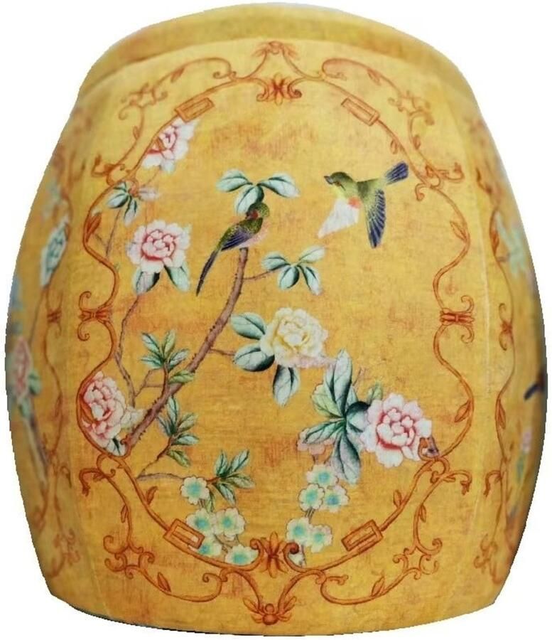 Fine Asianliving Velours Poef met Opbergruimte Rond Geel Vogels Handgemaakt D46xH46cm Velvet Opbergpoef Fluweel Voetenbankje Groot met Deksel - Foto 2