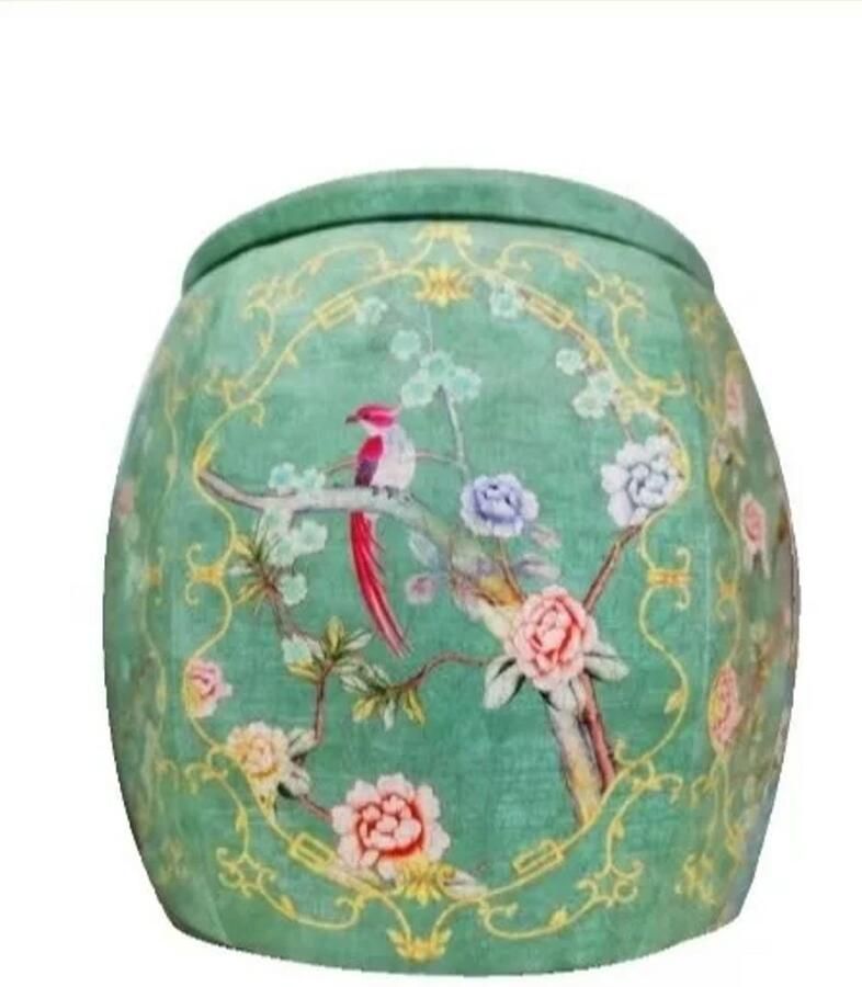 Fine Asianliving Velours Poef met Opbergruimte Rond Groen Vogels Handgemaakt D46xH46cm Velvet Opbergpoef Fluweel Voetenbankje Groot met Deksel - Foto 2