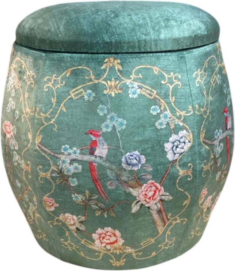 Fine Asianliving Velours Poef met Opbergruimte Rond Groen Vogels Handgemaakt D46xH46cm Velvet Opbergpoef Fluweel Voetenbankje Groot met Deksel