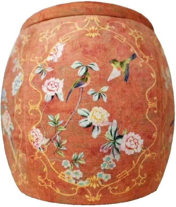 Fine Asianliving Velours Poef met Opbergruimte Rond Rood Vogels Handgemaakt D46xH46cm Velvet Opbergpoef Fluweel Voetenbankje Groot met Deksel - Foto 2