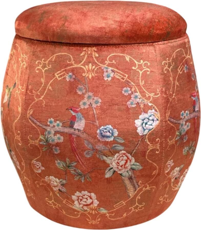 Fine Asianliving Velours Poef met Opbergruimte Rond Rood Vogels Handgemaakt D46xH46cm Velvet Opbergpoef Fluweel Voetenbankje Groot met Deksel
