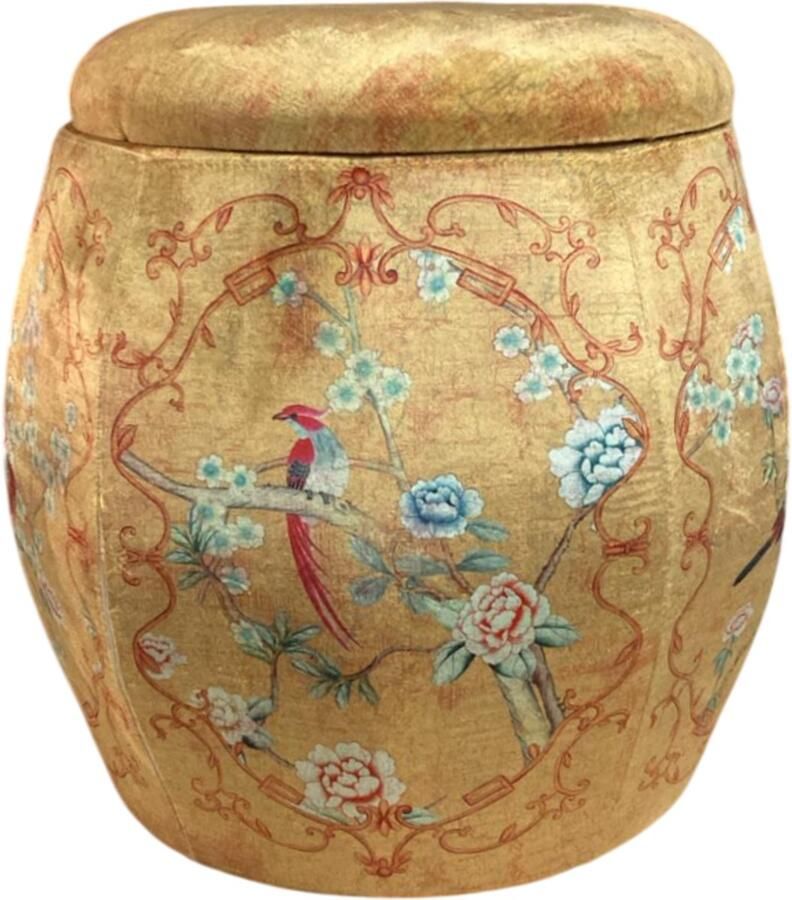 Fine Asianliving Velours Poef met Opbergruimte Rond Geel Vogels Handgemaakt D46xH46cm Velvet Opbergpoef Fluweel Voetenbankje Groot met Deksel