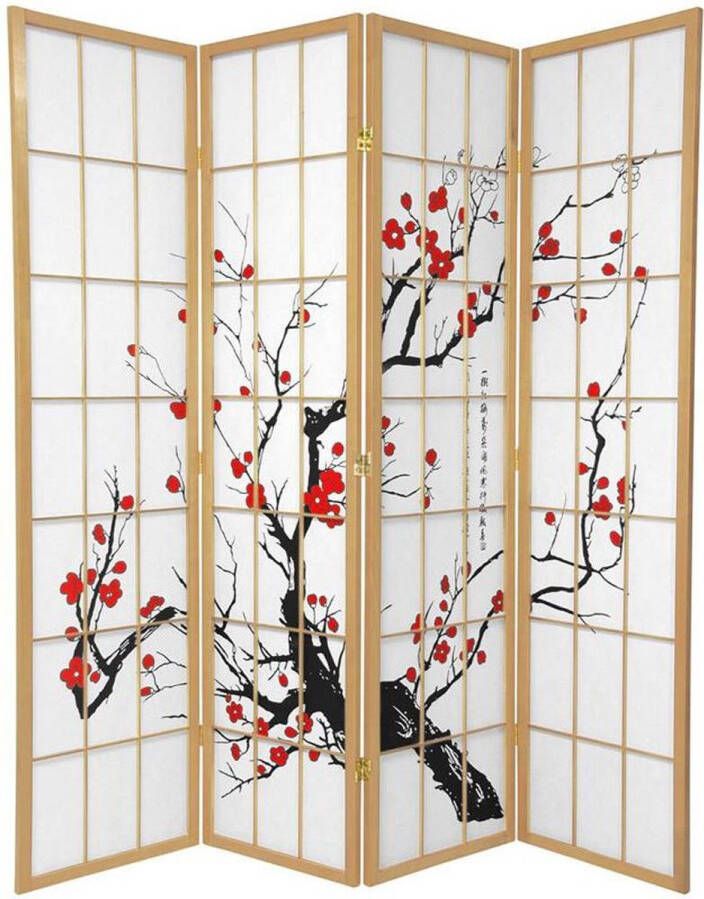 Fine Asianliving Japans Kamerscherm L180xH180cm Shoji Rijstpapier 4 Panelen Naturel Sakura