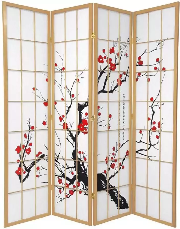 Fine Asianliving Japans Kamerscherm L180xH180cm Shoji Rijstpapier 4 Panelen Naturel Sakura - Foto 1