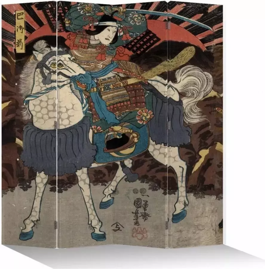 Fine Asianliving Japans Kamerscherm Oosters Scheidingswand B160xH180cm 4 Panelen Japanse Samurai op Paard