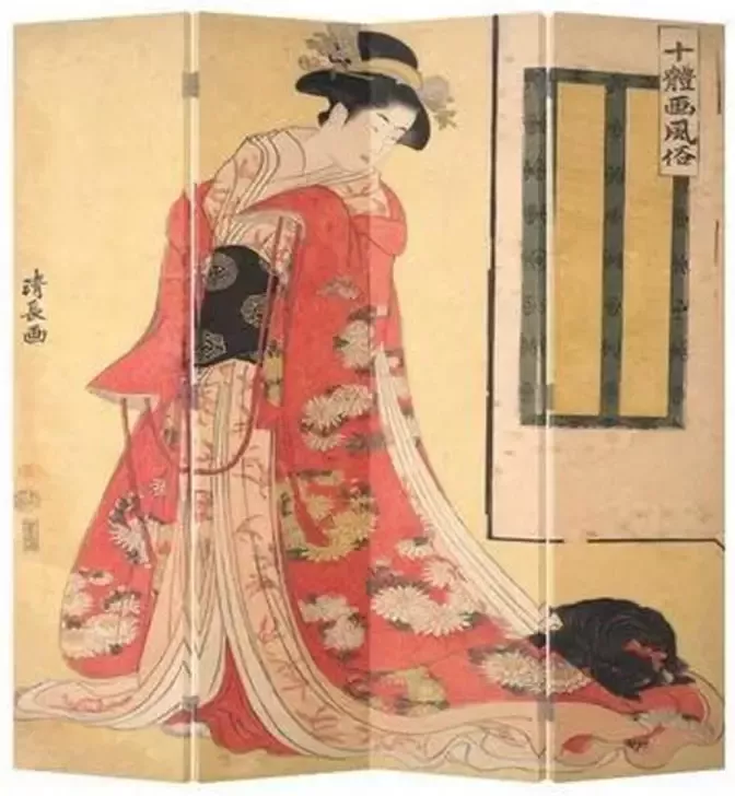 Fine Asianliving Japans Kamerscherm Oosters Scheidingswand B160xH180cm 4 Panelen Japanse Vrouw