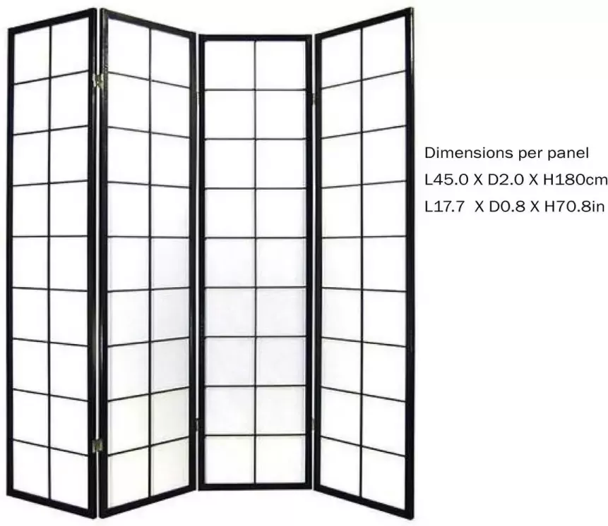 Fine Asianliving Japanse Kamerscherm B180xH180cm 4 Panelen Shoji Rijstpapier Zwart