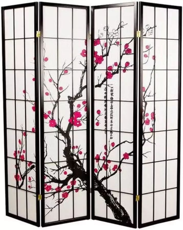 Fine Asianliving Japanse Kamerscherm B180xH180cm 4 Panelen Shoji Rijstpapier Zwart Sakura - Foto 1