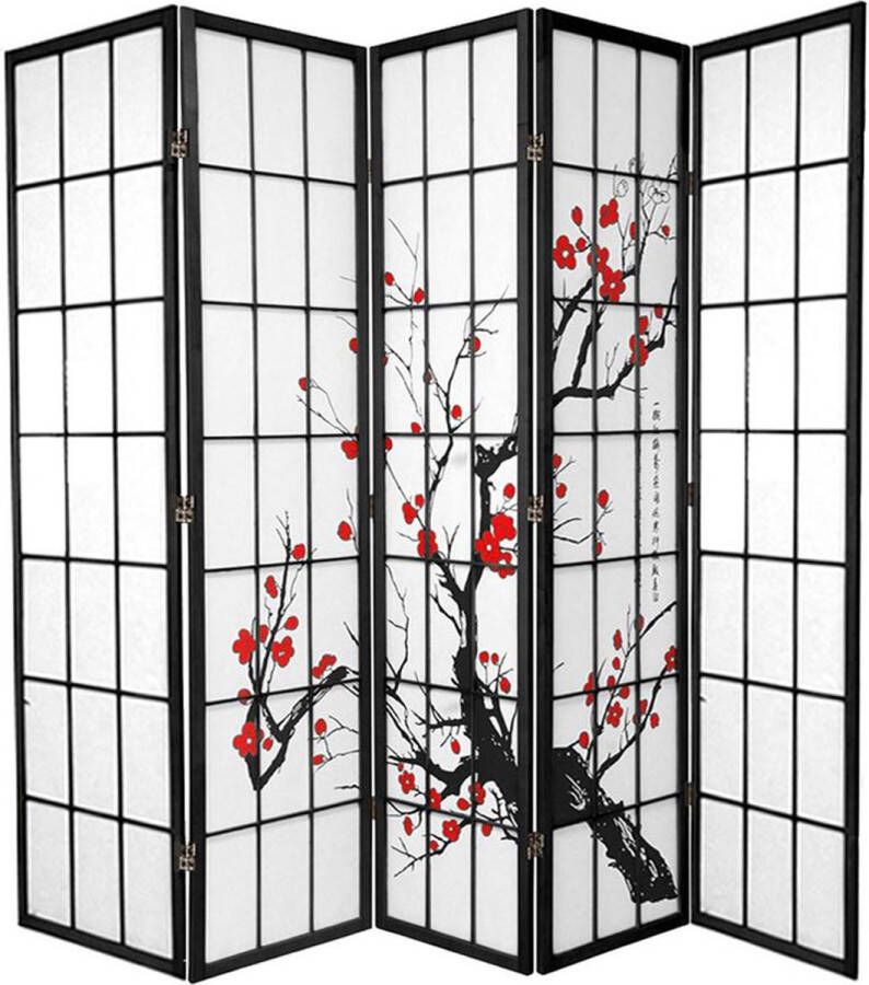 Fine Asianliving Japanse Kamerscherm B225xH180cm 5 Panelen Shoji Rijstpapier Zwart Sakura - Foto 1