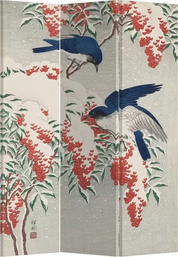 Fine Asianliving Kamerscherm Scheidingswand B120xH180cm 3 Panelen Japanese Blue Birds Berries - Foto 1