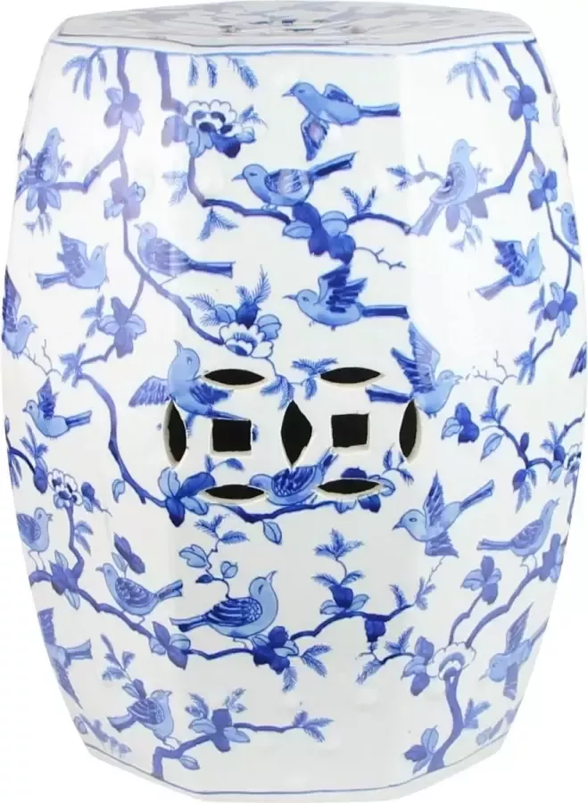 Fine Asianliving Keramische Kruk Blauw Wit Vogels Handgeschilderd D33xH45cm Keramiek Bijzettafel Porselein Stoel Tuinkruk