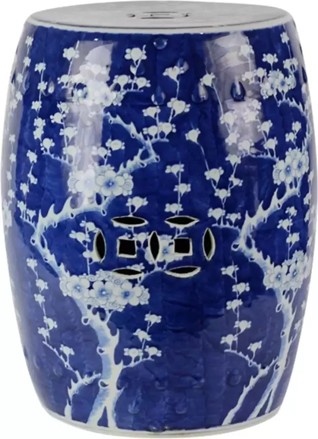 Fine Asianliving Keramische Kruk Blauw Handgeschilderd Bloesems D33xH44cm Keramiek Bijzettafel Porselein Stoel Tuinkruk