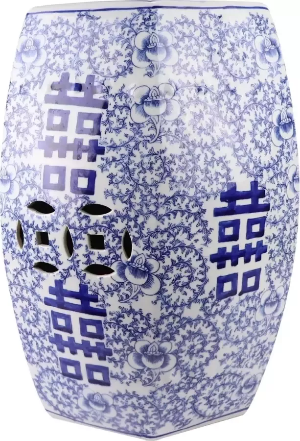Fine Asianliving Keramische Kruk Blauw Wit Handgeschilderd Chinese Double Happiness D33xH45cm Keramiek Bijzettafel Porselein Stoel Tuinkruk