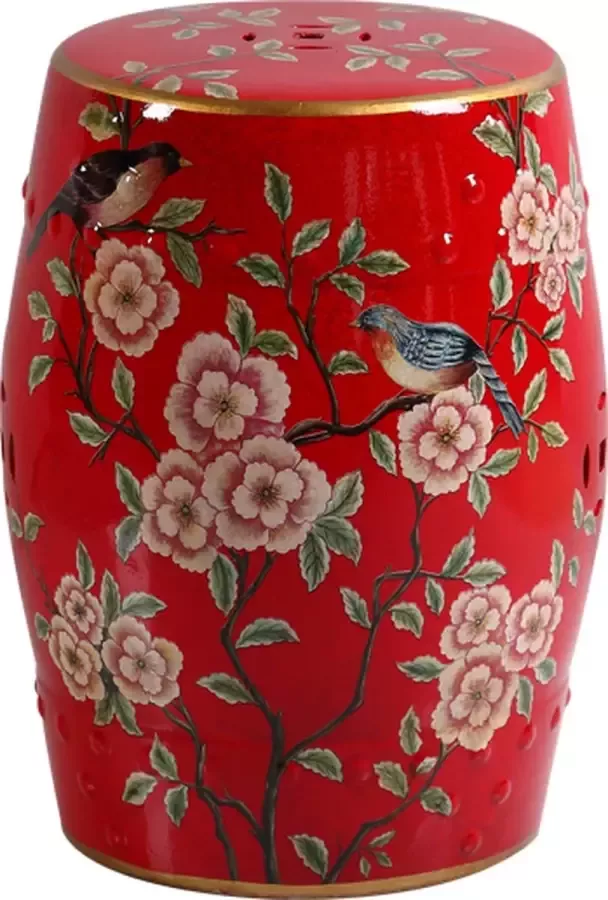 Fine Asianliving Keramische Kruk Rood Bloemen Handgemaakt Aria D30xH45cm Keramiek Bijzettafel Porselein Stoel Tuinkruk