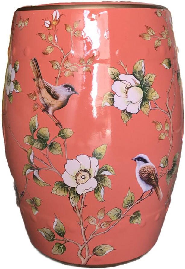 Fine Asianliving Keramische Kruk Roze Vogels Handgemaakt Phaera D30xH45cm Keramiek Bijzettafel Porselein Stoel Tuinkruk