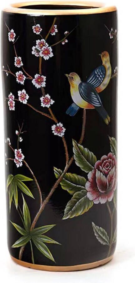 Fine Asianliving Keramische Parapluhouder Vaas Zwart Bloemen Handgemaakt Calista D20xH45cm