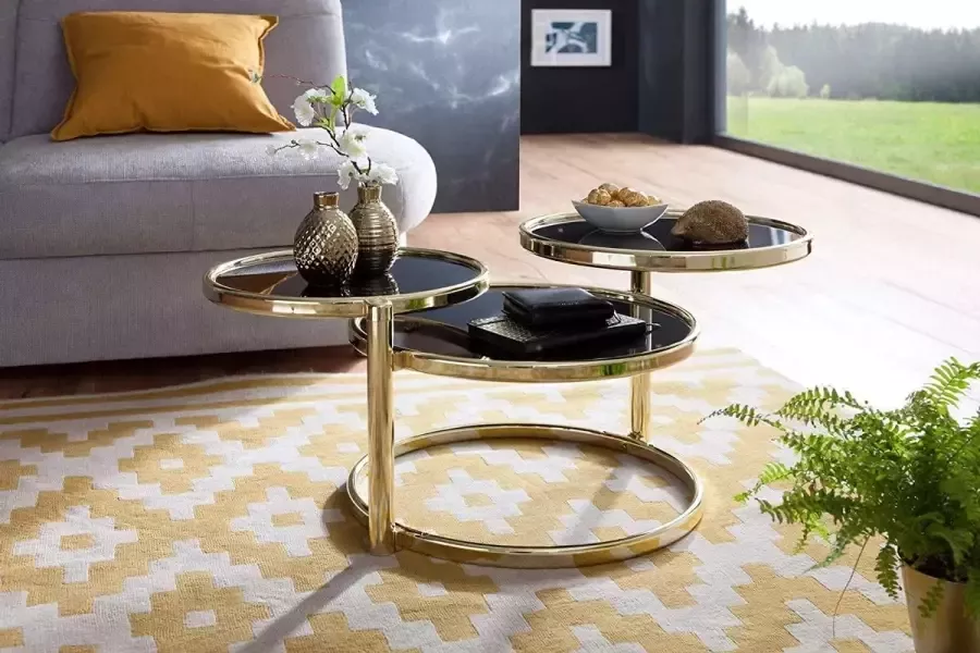 FineBuy Möbel zum Wohlfühlen FineBuy Koffietafel Rond Glas en Metaal 58 x 43 x 58 cm Salontafel Zwart en Goud Ronde Tafel Woonkamer Moderne Glazen Tafel Uitklapbaar