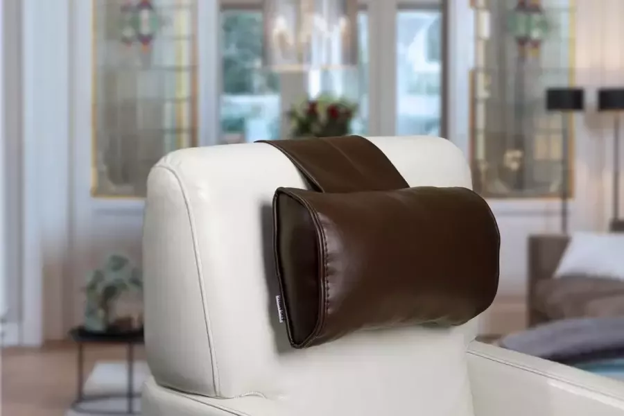 Finlandic hoofdkussen F05 chocolate bruin reinigbaar vegan leder voor relax fauteuil- luxe nekkussen met contragewicht voor sta op stoel- comfortabele vegan lederen hoofdsteun- in hoogte verstelbaar