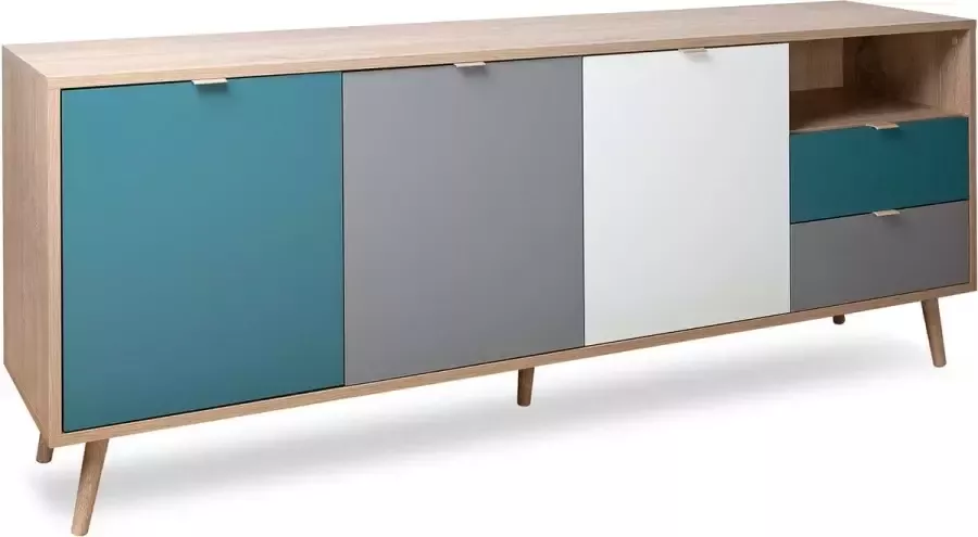 Merkloos Laag buffet Sonoma en witte Chene Decor Scandinavische stijl 3 deuren Cuba L 180 cm - Foto 2