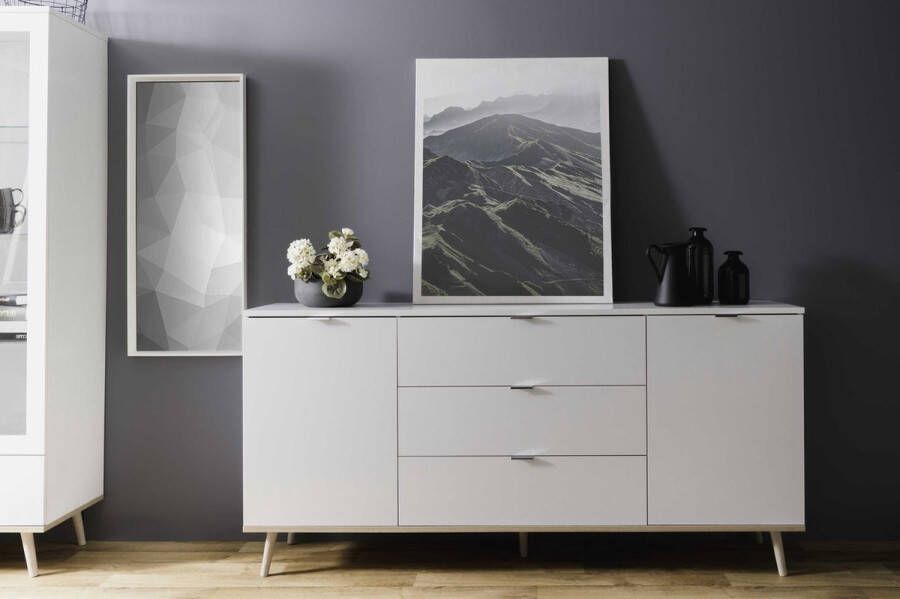 Merkloos GÖTEBORG Laag dressoir Scandinavische stijl Eiken en wit decor L 180 cm