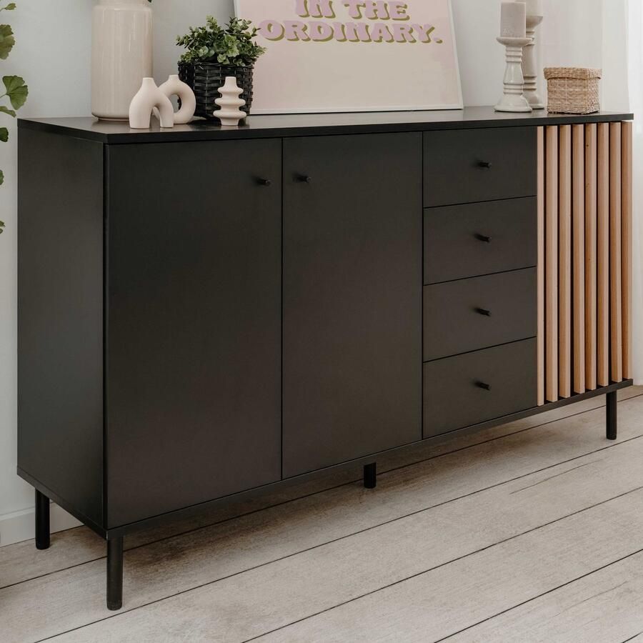 Finori Dressoir Manet 160x40x90cm 3 deuren & 4 lades zwart eikdecor