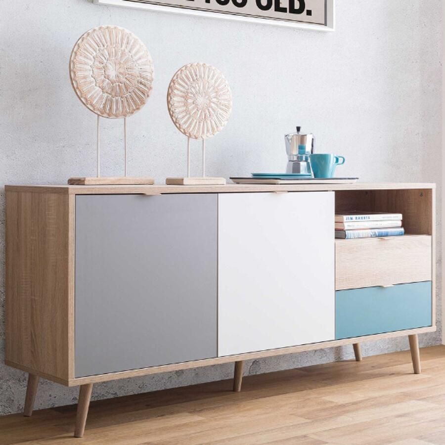 Merkloos CUBA Scandinavisch laag eiken grijs en petrolblauw dressoir B 150 x D 40 x H 71 cm