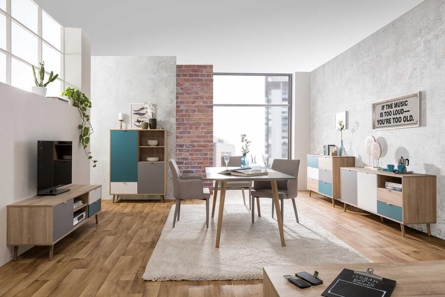 Merkloos Laag buffet Sonoma en witte Chene Decor Scandinavische stijl 3 deuren Cuba L 180 cm