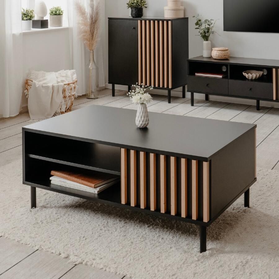 Finori EMOB Salontafel Manet 110x76x47cm met opbergruimte zwart eikdecor Rechthoekige salontafels Bruin; Zwart Melamine; MDF Rechthoekige salontafels Op voorraad