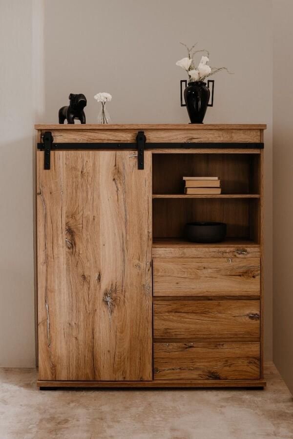 Aucune MANZANO dressoir Flagstaff eiken decor 1 schuifdeur + 3 laden + 2 nissen L120 x H140 x D40 cm