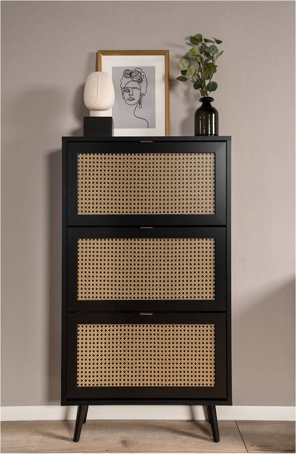 Finori Schoenenkast Vienna 49A zwart en rattanprint