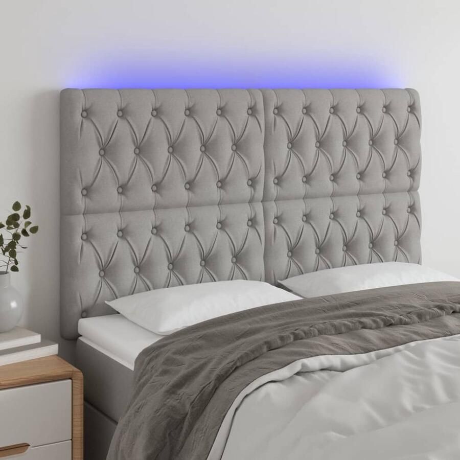 VidaXL Hoofdbord LED 144x7x118 128 cm Lichtgrijs Hoofdboard Led Verlichting Hoofdkussen Slaapcomfort Beddecoratie Grijs Stoffen Headboard - Foto 2