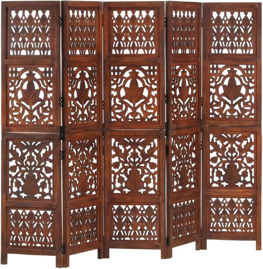 FIONERA Kamerscherm 5 panelen handgesneden 200x165 cm mangohout bruin