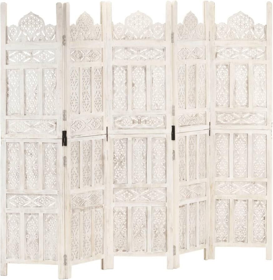 FIONERA Kamerscherm met 5 panelen handgesneden 200x165 cm mangohout wit