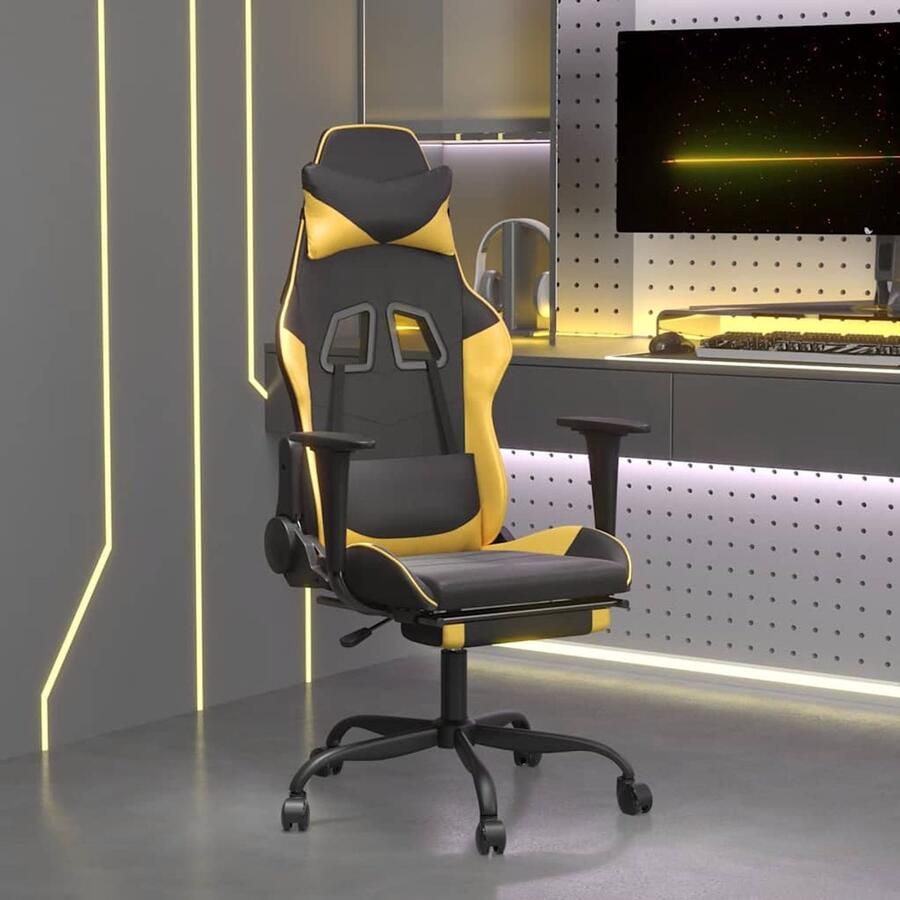 VidaXL Massage Gamestoel Kunstleer Zwart Goudkleurig Gamestoel Gamingstoel Ergonomische Stoel Massage Functie Verstelbare Stoel Computerstoelen Bureaustolen Kantoorstoelen