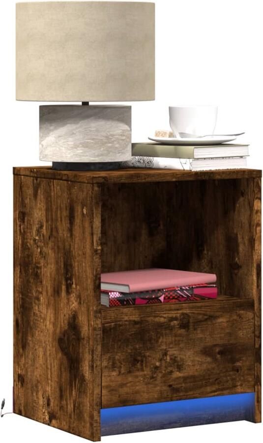 VidaXL nachtkastje met LED-verlichting bewerkt hout gerookt eikenkleur - Foto 2