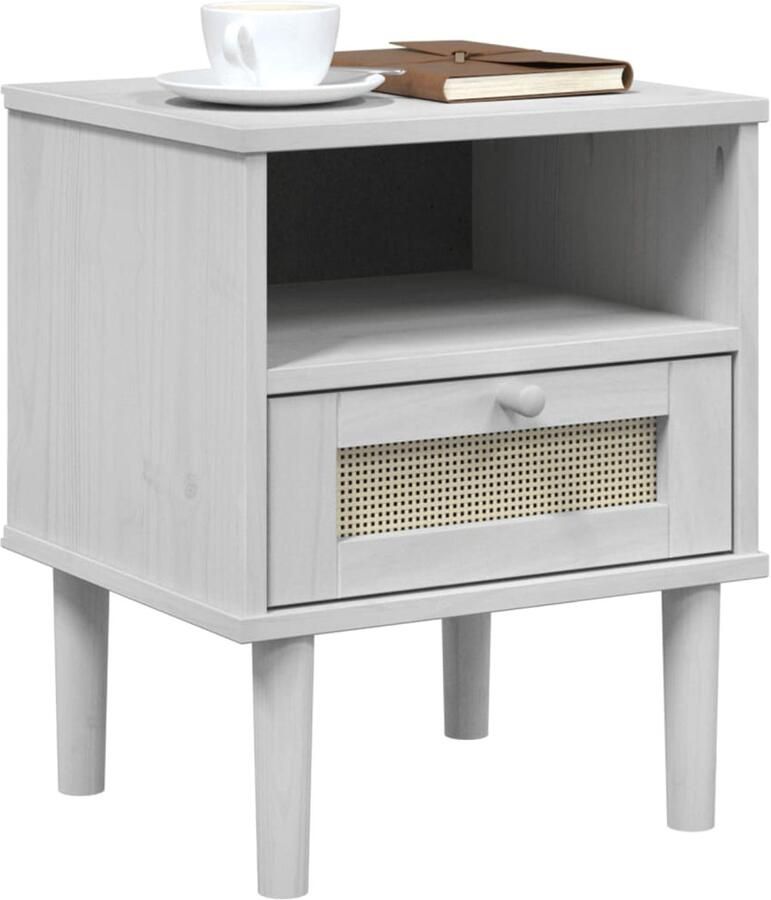 FIONERA Nachtkastje SENJA rattan-look 40x35x48 cm grenenhout wit