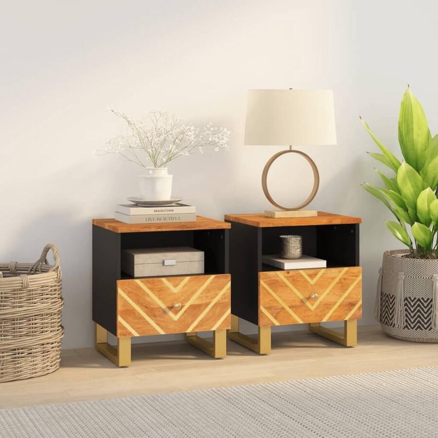 VidaXL Nachtkastjes Set van 2 Mangohout Bruin Zwart Nachtkastje Mangohout Houten Nachttafel Slaapkamers Bedroom Furniture