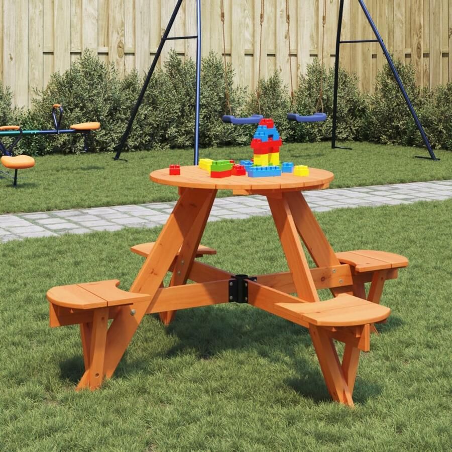 FIONERA Picknicktafel voor 4 kinderen met parasolgat rond vurenhout